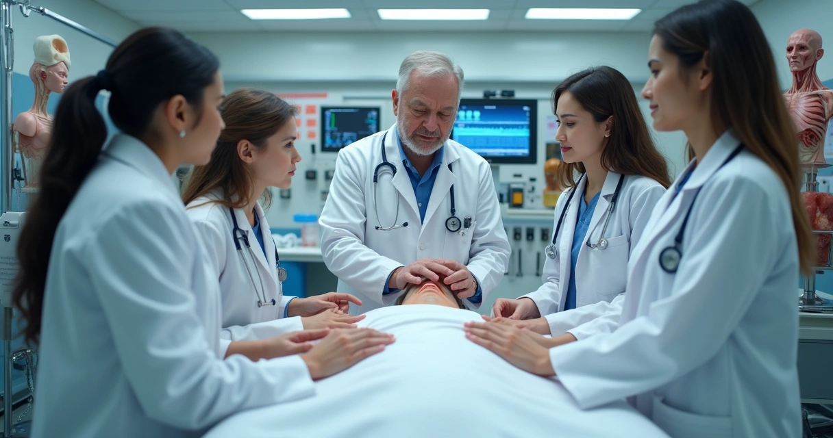 Estudantes de medicina em aula prática com professor e equipamentos médicos em hospital escola
