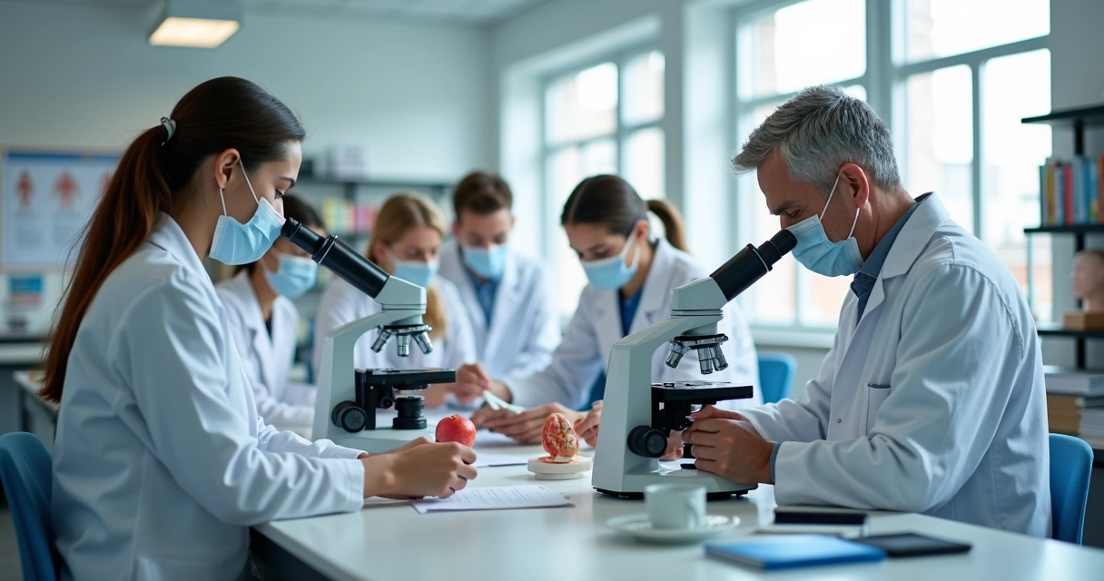 Estudantes de medicina em aula prática com jalecos e máscaras em laboratório moderno