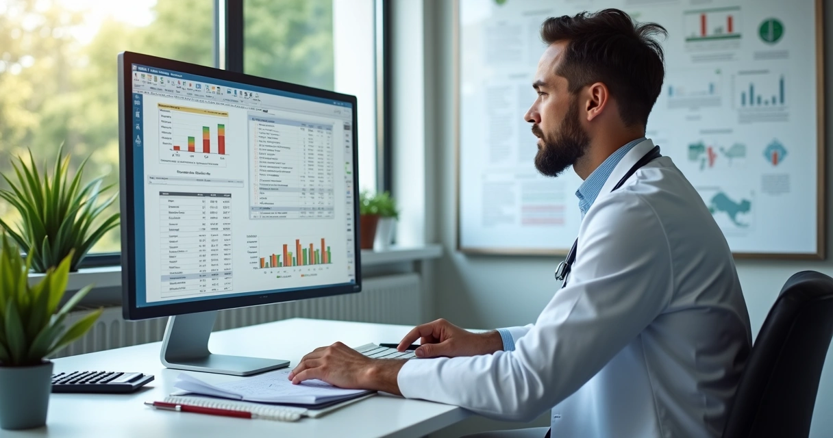 Médico analisando planilhas financeiras em consultório moderno com computador e gráficos