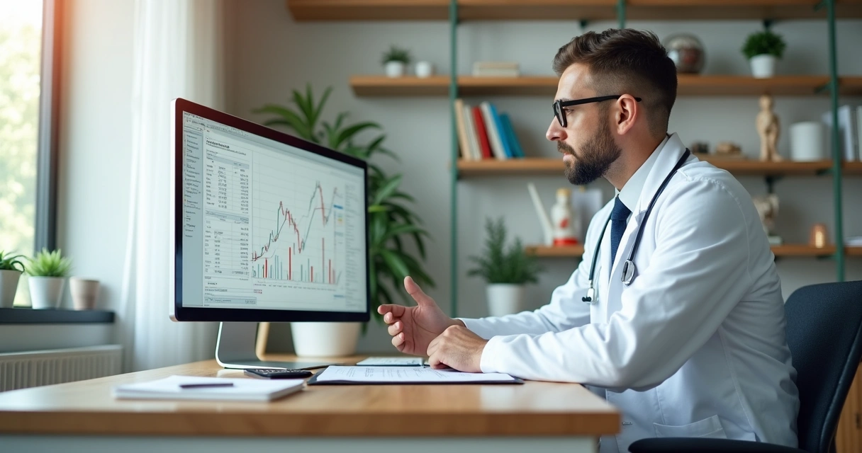 Médico analisando gráficos financeiros em tela de computador, com mesa organizada e elementos relacionados a saúde ao fundo