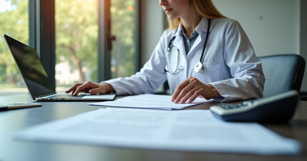 Profissional da saúde analisando documentos de planejamento financeiro em escritório moderno