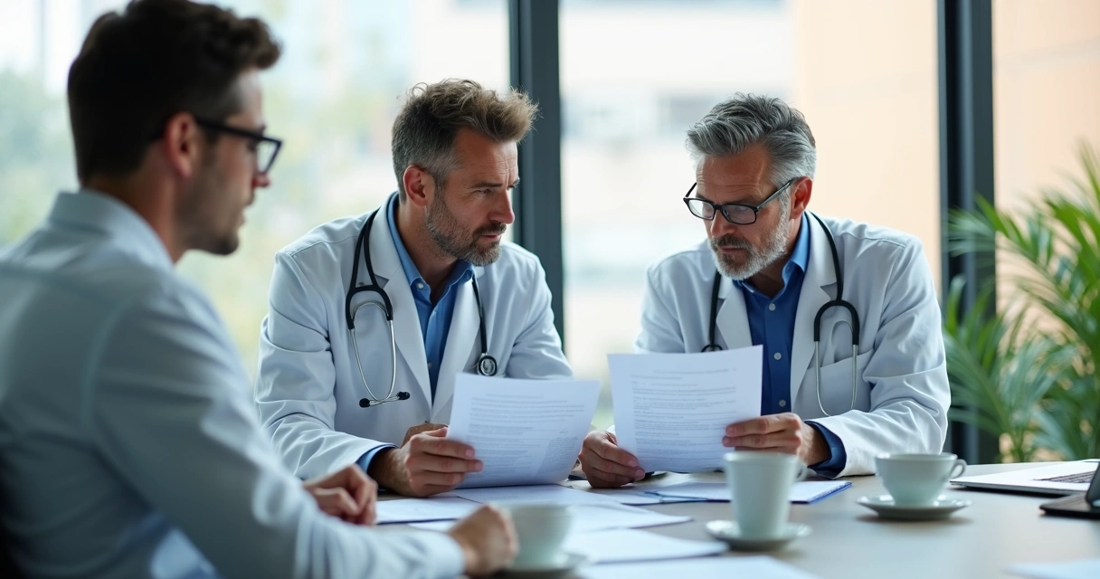 Profissionais da saúde em reunião analisando documentos de seguro profissional em ambiente de consultório moderno