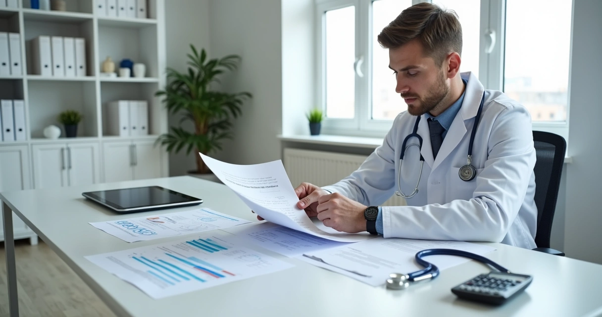 Profissional da saúde analisando documentos financeiros com estetoscópio sobre a mesa, ambiente claro e organizado