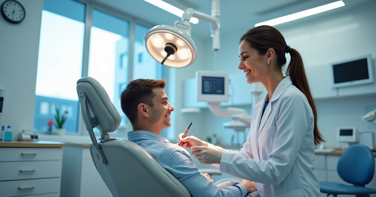 Clínica odontológica moderna com dentista e paciente em cadeira de atendimento, equipamentos odontológicos ao fundo, ambiente limpo e iluminado