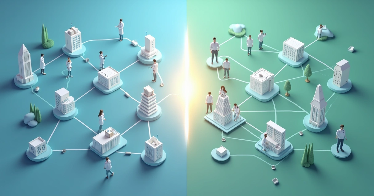 Ilustração comparando plano de saúde com seguro saúde, mostrando médicos, hospitais e clínicas em fundo dividido