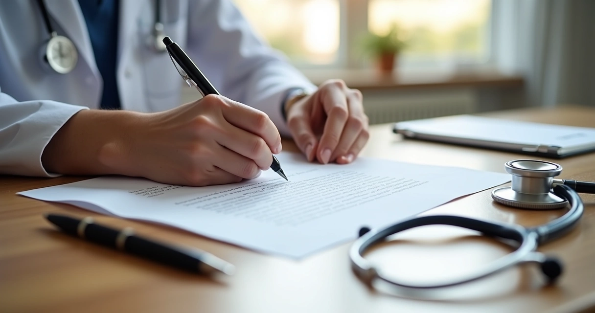 Mãos assinando contrato de prestação de serviços médicos sobre mesa com estetoscópio e caneta preta