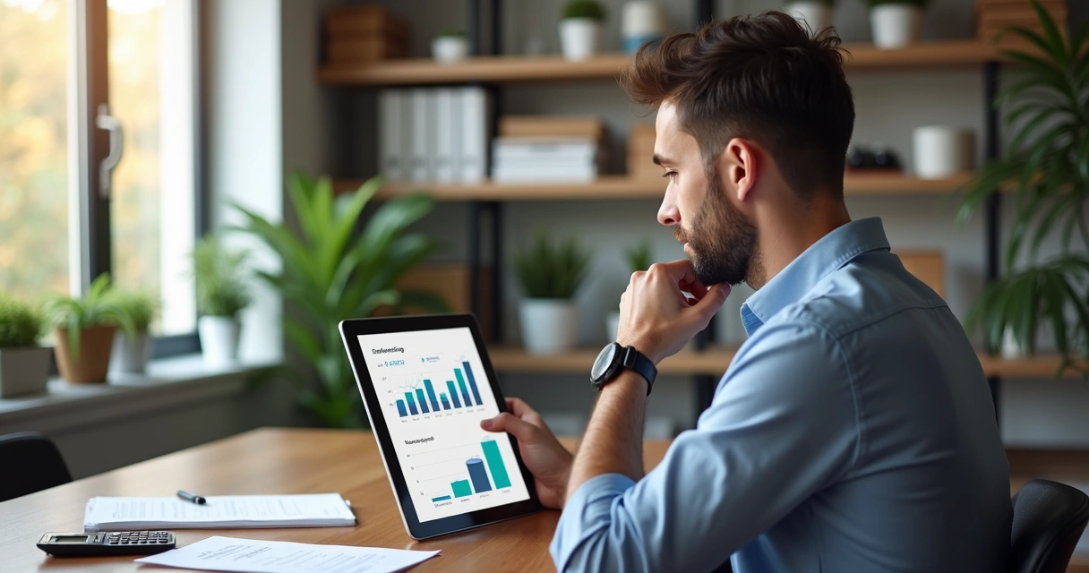 Homem em escritório moderno analisando planejamento financeiro e seguro de vida no tablet