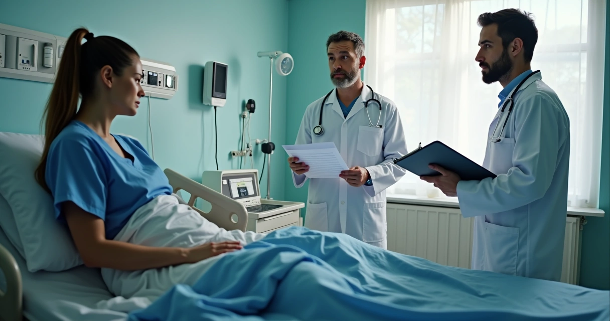 Paciente em hospital público com médicos e enfermeiros discutindo documentos e explicando procedimento