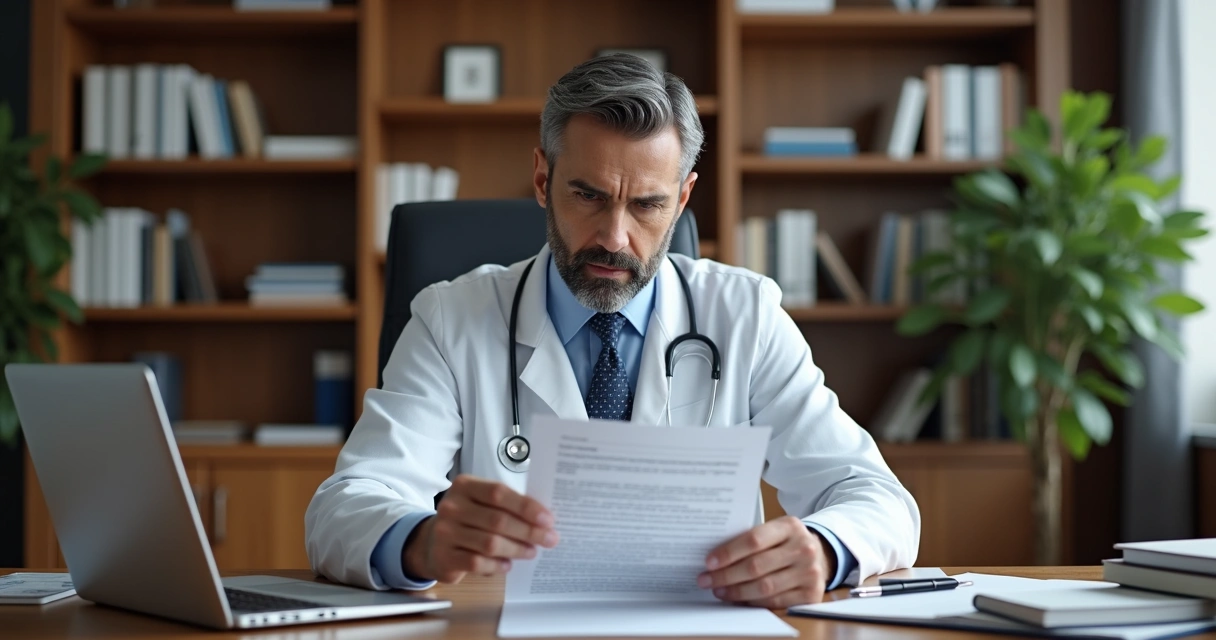 Médico sentado à mesa revisando uma notificação judicial com expressão concentrada