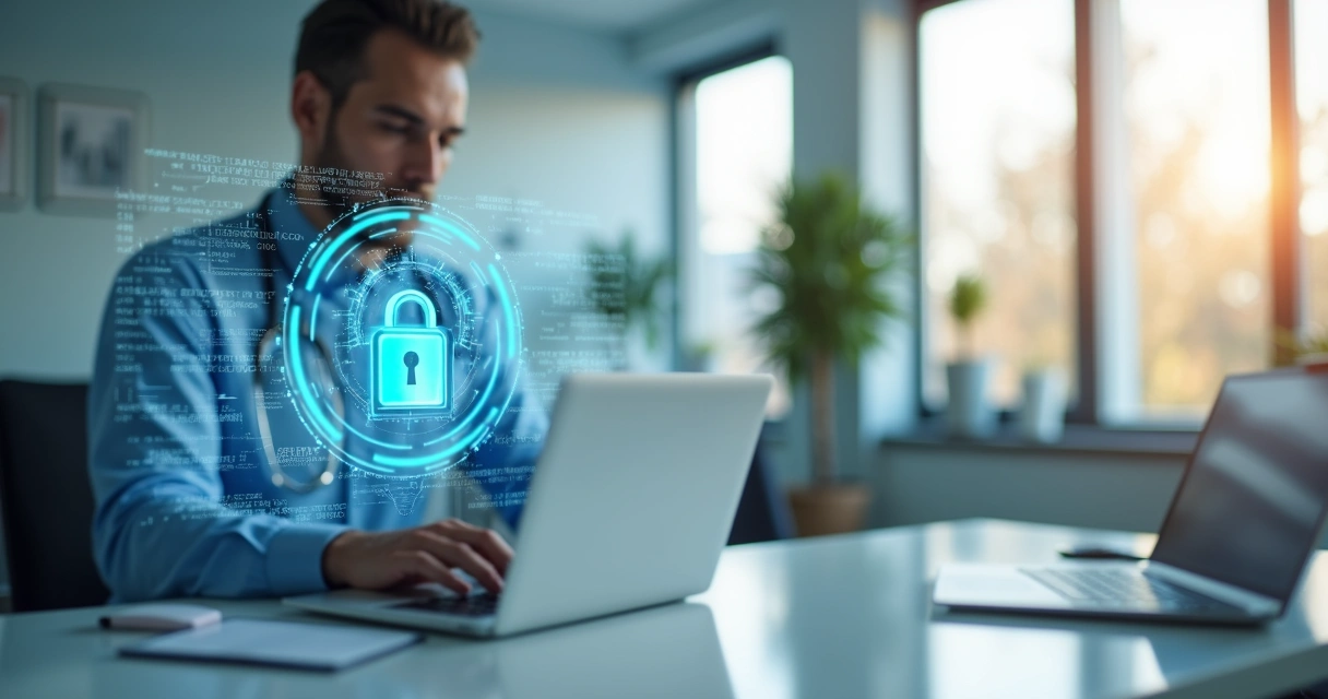 Profissional da saúde usando computador protegido com dados digitais em tela segura