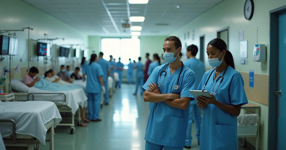Equipe médica reduzida atendendo muitos pacientes em hospital lotado