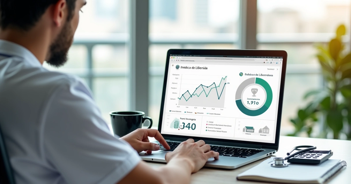 Médico calculando índice de liberdade financeira em gráfico com duas trajetórias de riqueza e independência