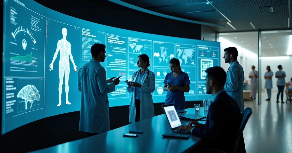 Médico e sistema de inteligência artificial em centro de comando hospitalar