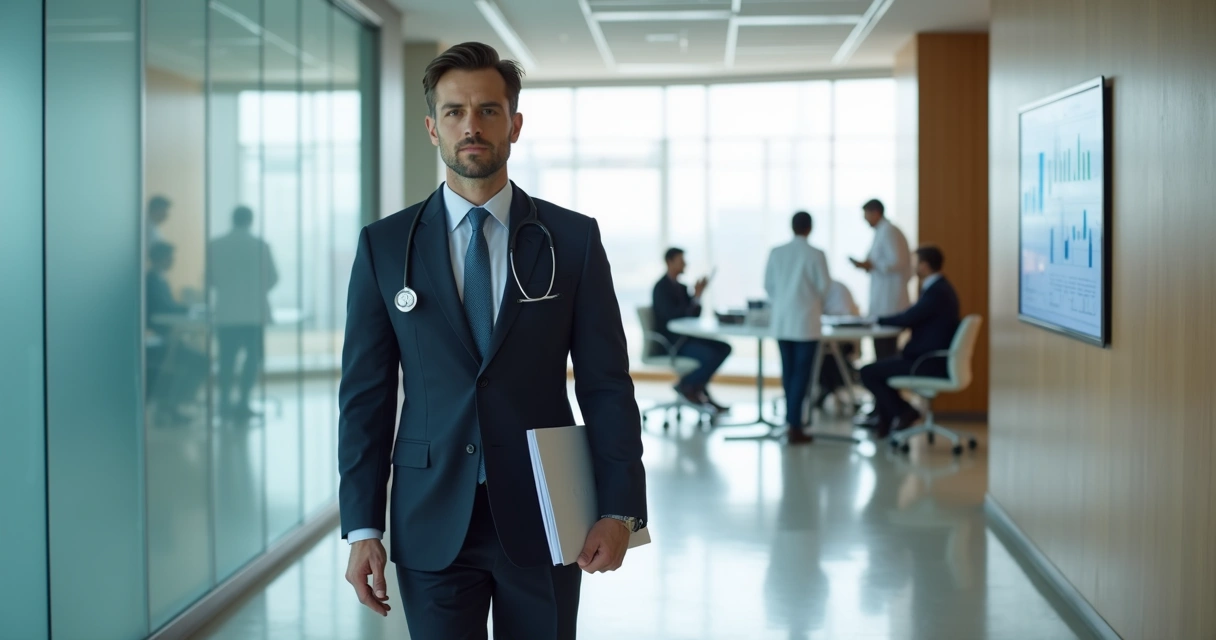 Médico executivo caminhando confiante em corredor corporativo moderno