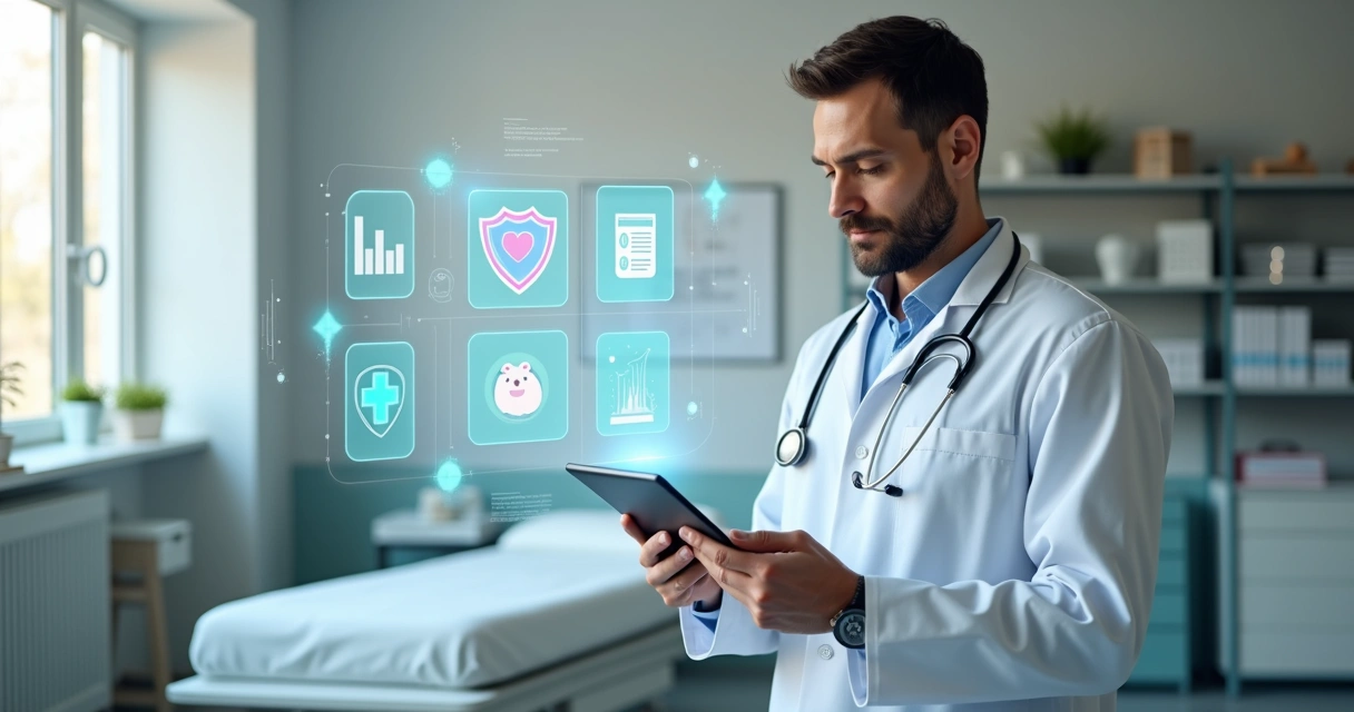 Médico em consultório analisando opções de seguros em tablet com ícones de proteção ao fundo