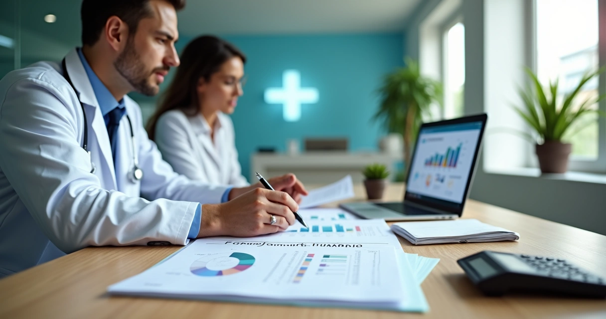 Médico e contador analisando impostos em clínica médica moderna