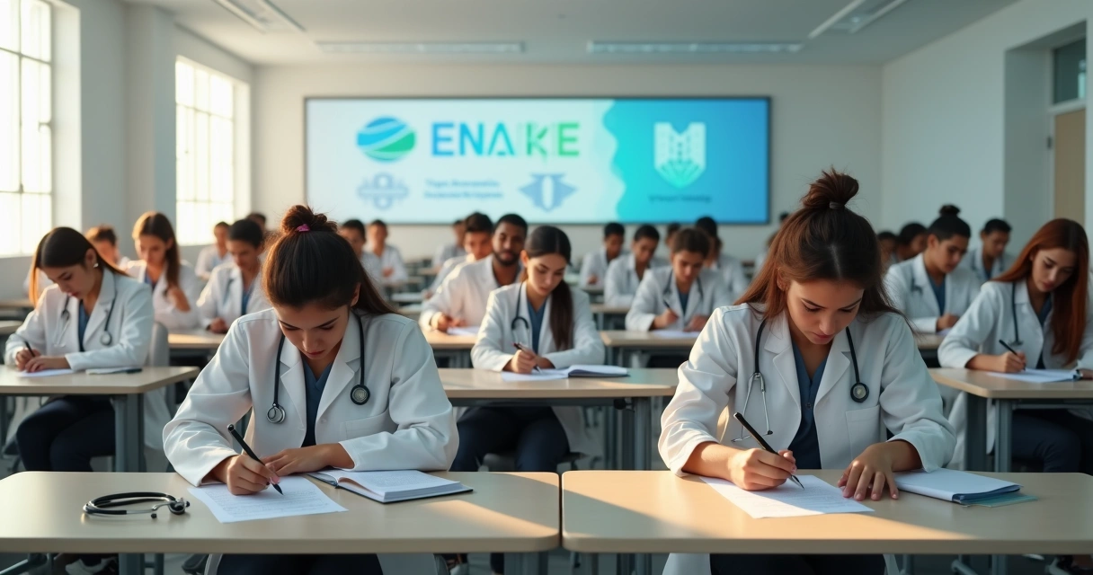 Grupo de estudantes de medicina fazendo prova em sala ampla de concurso de residência