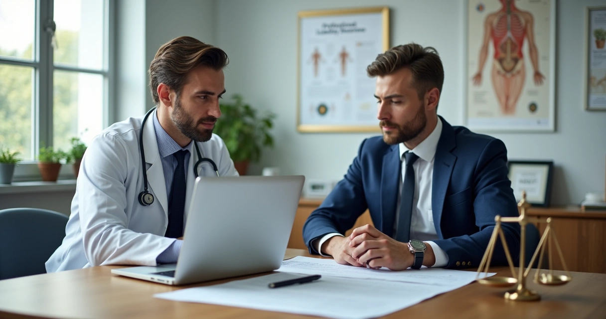 Médico e advogado analisando contrato de seguro de responsabilidade civil no consultório