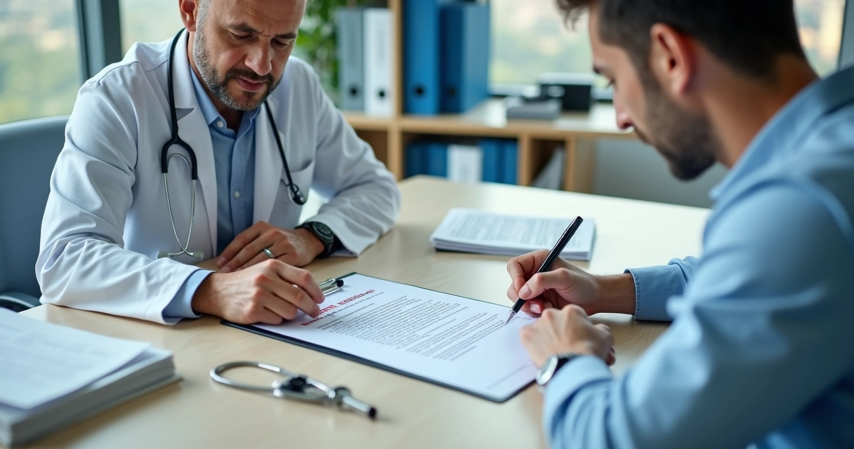 Médico explicando e assinando termo de consentimento livre e esclarecido com paciente em consultório moderno