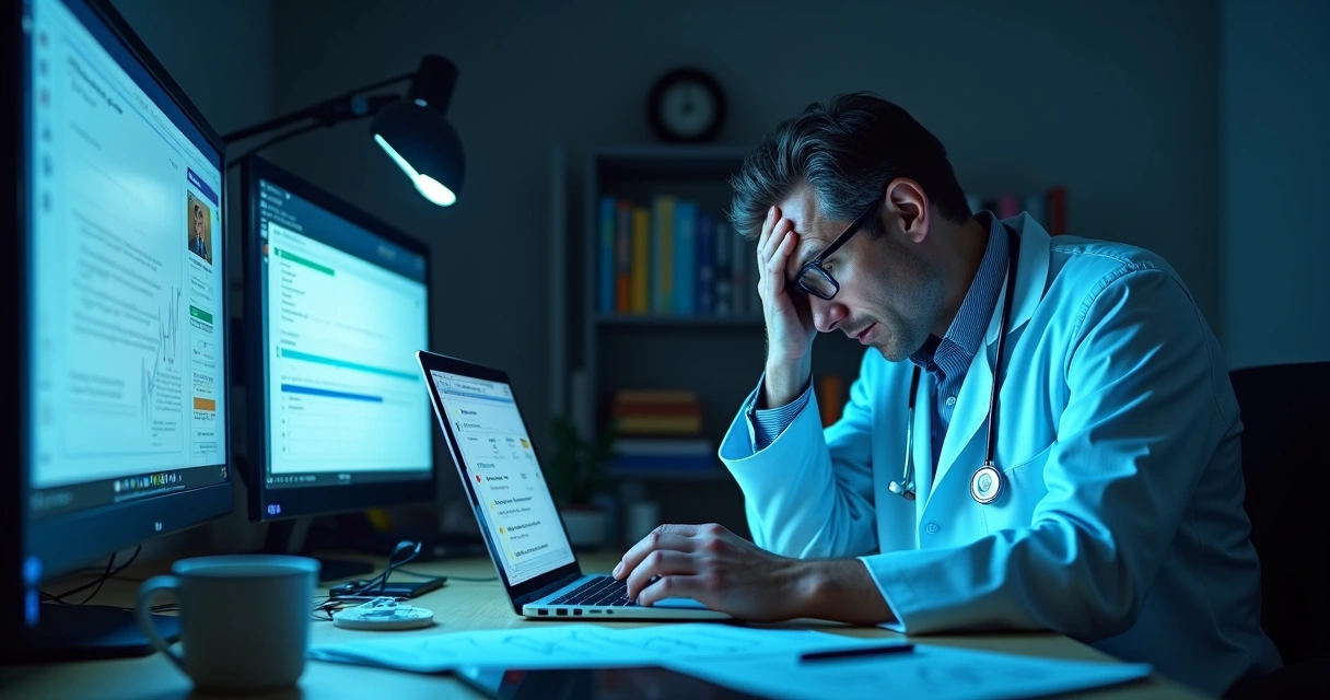 Médico cansado em consultório escuro cercado por telas digitais