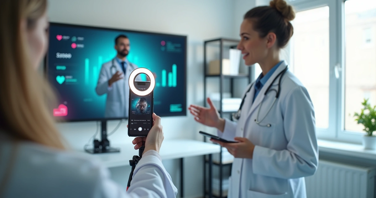 Médico gravando vídeo de marketing no TikTok dentro do consultório