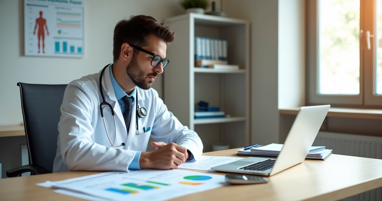 Médico jovem analisando gráficos financeiros e escolha de regime tributário em consultório moderno