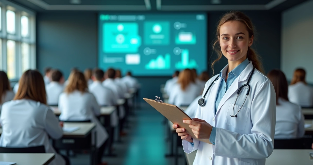 Médico jovem segurando prancheta diante de auditório com prova e símbolos da medicina ao fundo