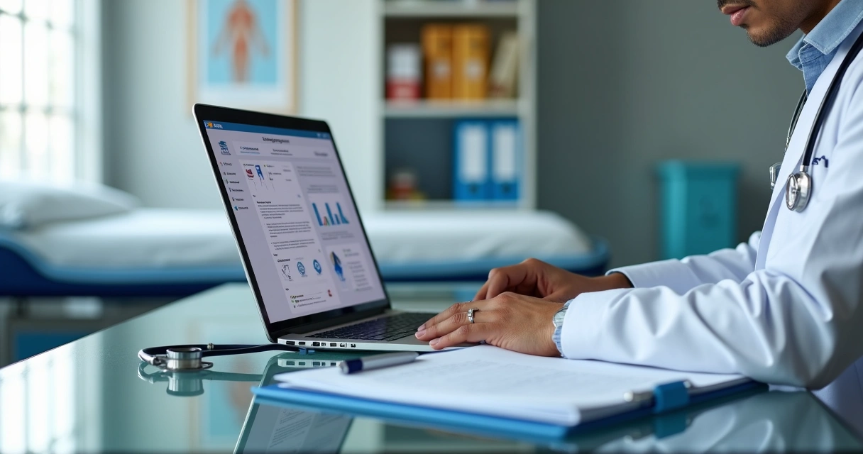 Médico analisando contrato de seguro de responsabilidade civil no consultório