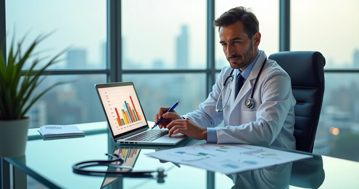 Médico analisando gráfico comparando custos de seguro de responsabilidade civil em diferentes países