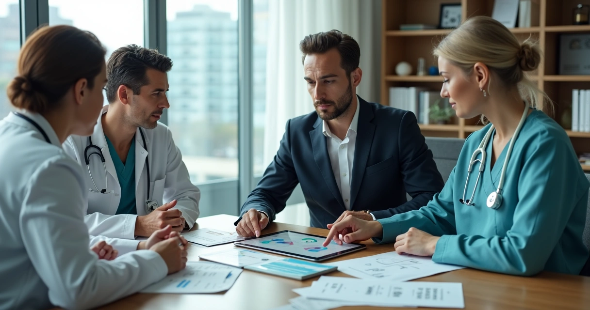Médicos em consultório conversando com corretor de seguros sobre proteção profissional