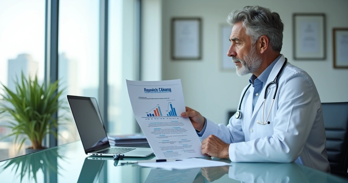 Médico analisando contrato de seguro de responsabilidade civil em consultório moderno