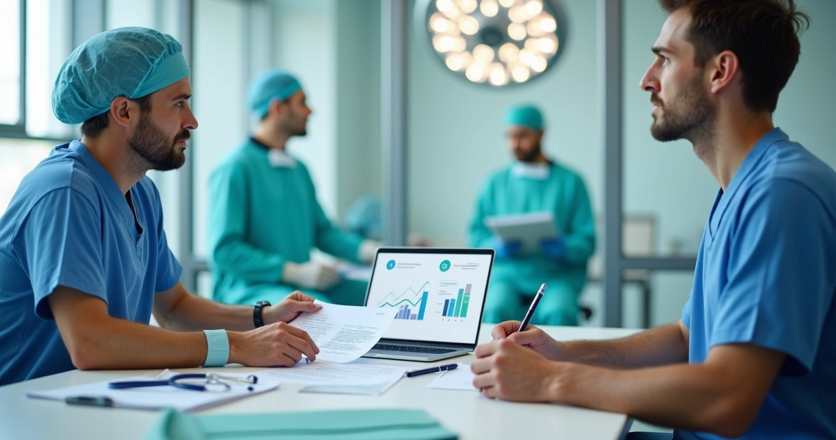 Médico e paciente analisando contrato de seguro para cirurgia em ambiente hospitalar moderno