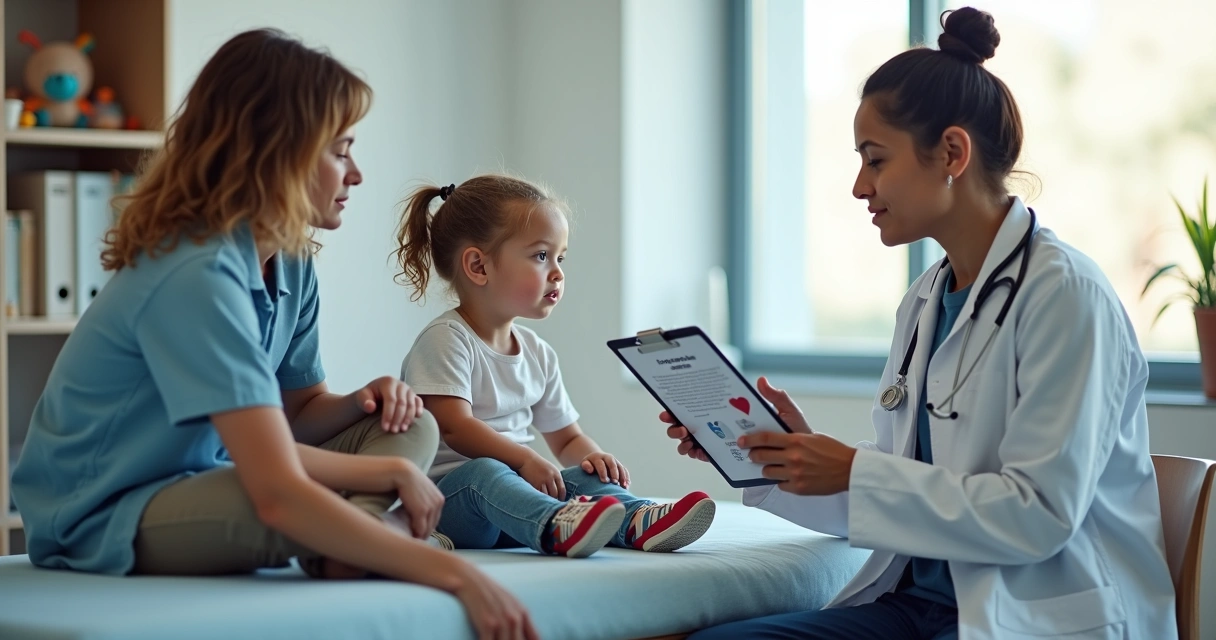 Pais abraçando criança em consulta pediátrica com médico explicando documento de seguro