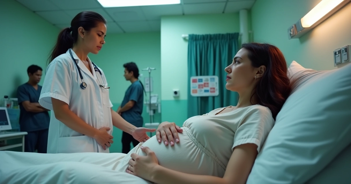 Gestante deitada em maca hospitalar segurando a barriga enquanto médica segura sua mão em ambiente tenso de maternidade