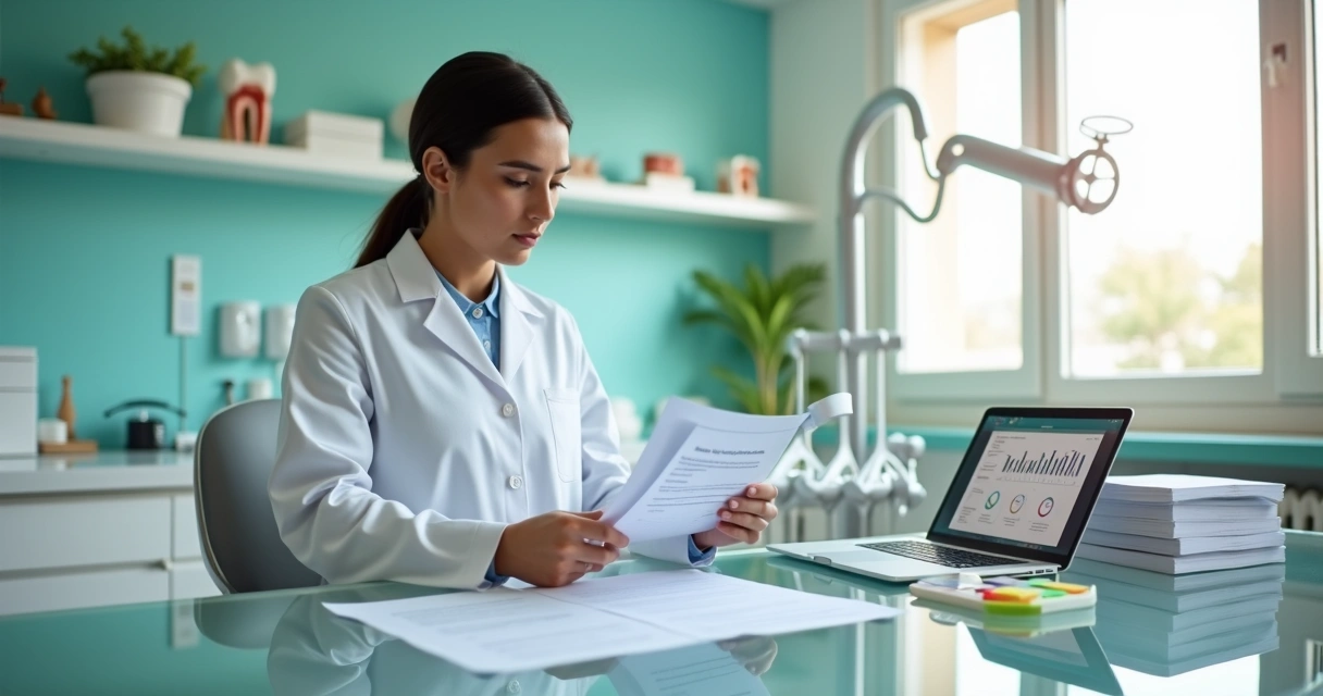 Dentista analisando contrato de seguro de responsabilidade civil no consultório