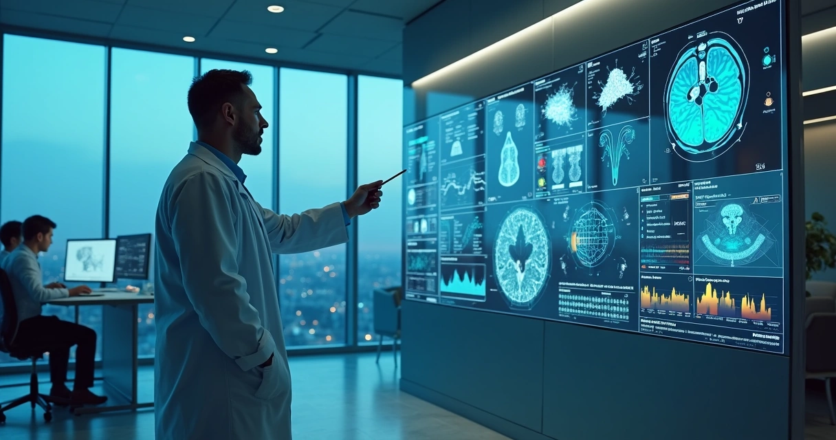 Médico observando grande painel digital com gráficos e exames analisados por inteligência artificial