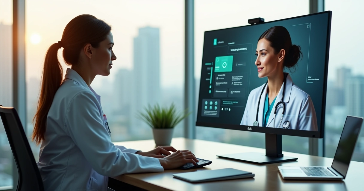 Médica em consultório híbrido realizando teleconsulta com interface de plano de saúde